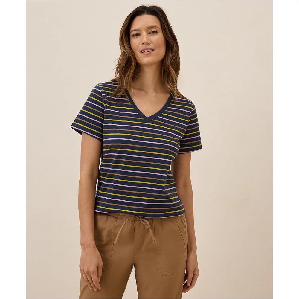 NWT · PACT · Women's Softspun V-Neck Tee in La Jolla Stripe Navy Blue Sz M